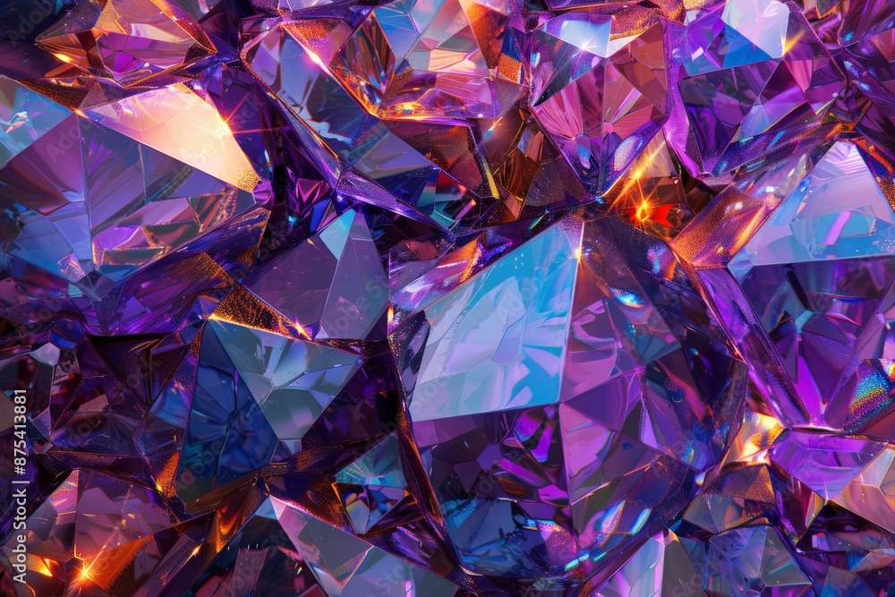 Poster This image captures abstract purple crystals with vibrant reflections, creating an intriguing and dazzling visual interplay of light and color, evoking a sense of wonder.