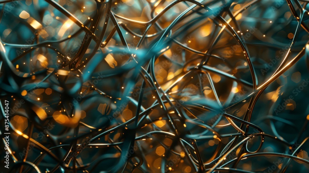 Poster Image shows a network of tangled wires highlighted with blue and orange lighting and glowing particles, creating a vibrant and dynamic abstract composition.