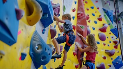 Obraz premium Family Bonding at Indoor Climbing Gym with Kids Scaling Colorful Climbing Walls