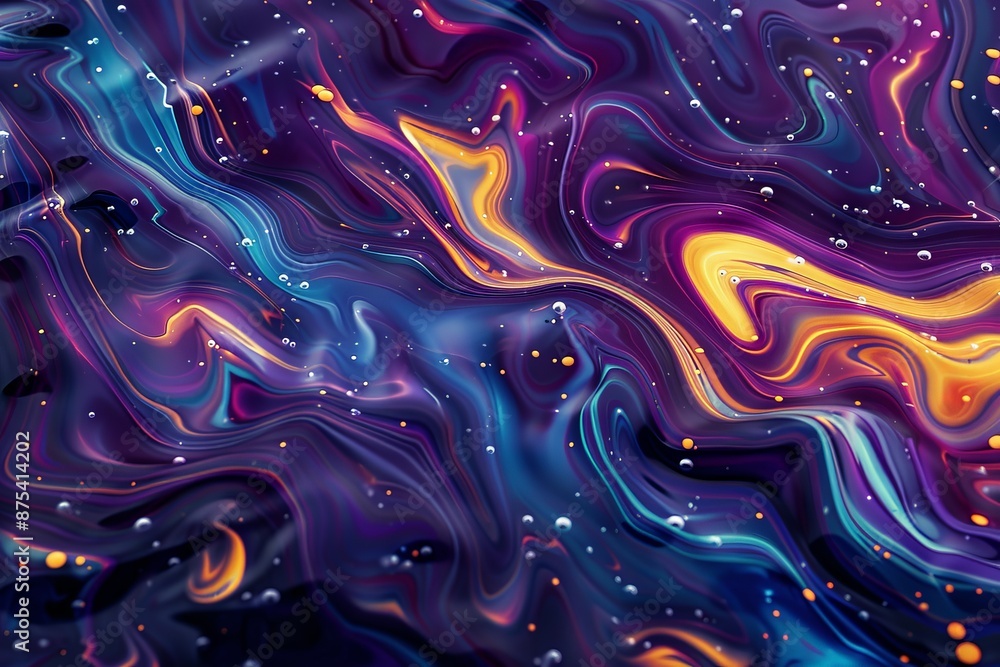 Poster This image features a fluid abstract art with colorful swirls and a cosmic theme, showcasing a blend of blue, purple, and yellow hues that create an out-of-this-world experience.