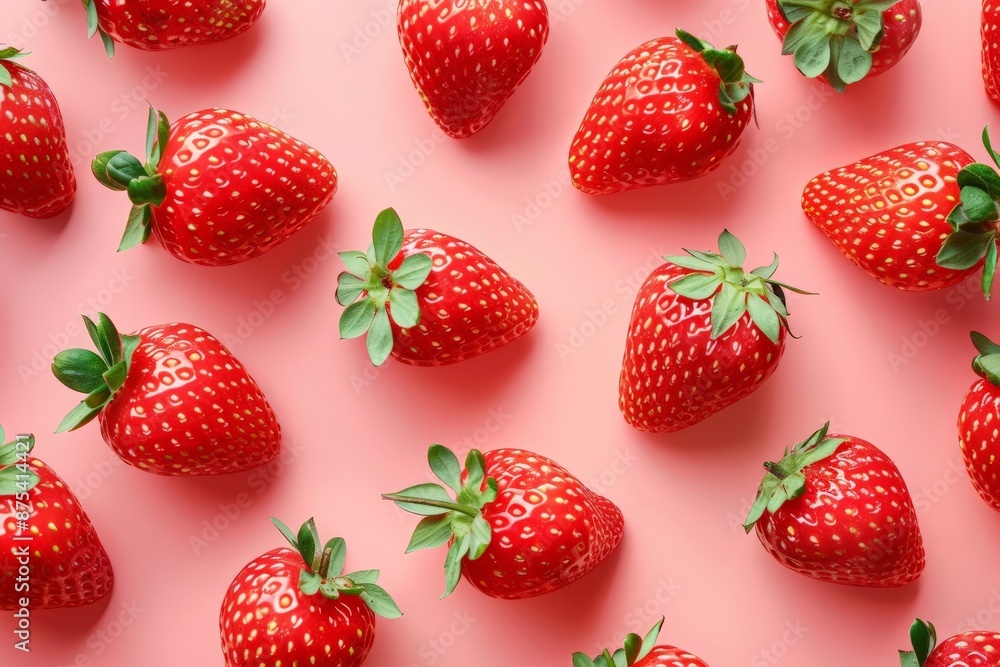 Aufkleber A tantalizing display of vivid red strawberries arranged on a soft pink background, capturing the freshness and delicious appeal of strawberries, perfect for food enthusiasts.