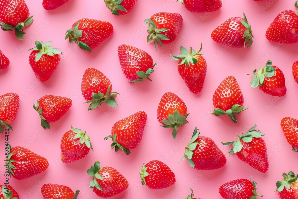 Aufkleber A beautiful array of strawberries artistically laid out on a distinctly pink background, capturing their freshness and lush color, ideal for food-centered visual themes.