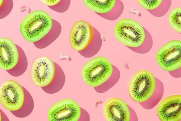 Fototapeta premium High-resolution image featuring halved kiwis meticulously arranged on a light peach colored background, highlighting the vibrant green flesh and distinctive texture of the fruit.