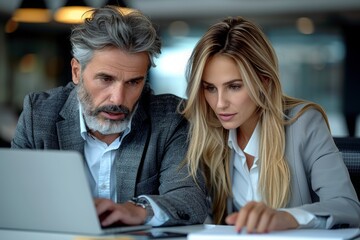 Fototapeta premium A professional man and woman working together on a laptop, focused and engaged in a modern office environment, illustrating teamwork and collaboration.