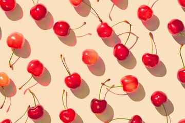 A fresh and vibrant pattern of red cherries arranged against a light yellow background creates a striking visual art piece filled with energy.