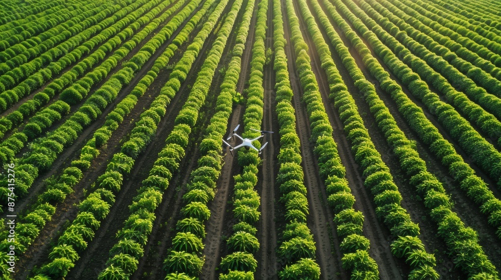 Poster farmer using drone to monitor crops in agricultural field for precision farming practices