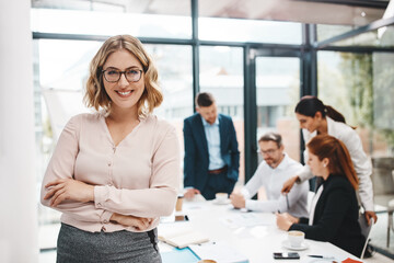 Crossed arms, manager and portrait of business woman in office with confidence for career growth....