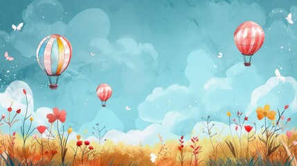 Obraz premium Whimsical landscape with hot air balloons in colorful sky scene