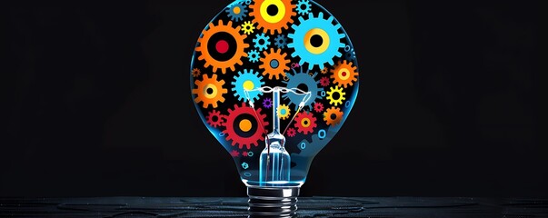 Light bulb with vibrant gears and tools, black backdrop, business planning idea, clean and sleek design.