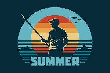 A sunset silhouette Fisherman Vector Illustration - T-Shirt Design, Clipart, clear text Summer' vector art illustration