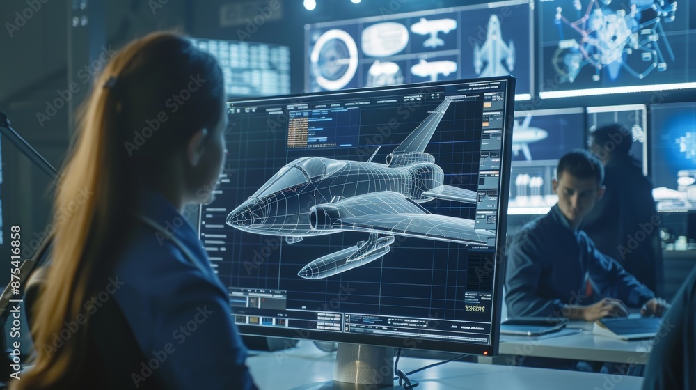 Poster aerospace engineers developing futuristic aircraft design on computer screens in high-tech office en