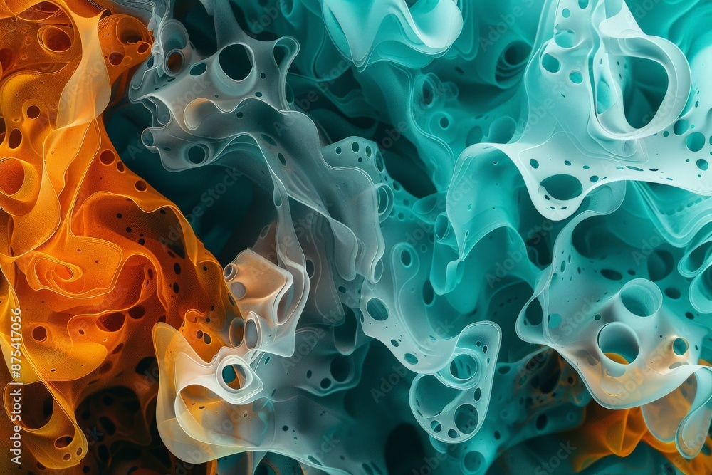 Aufkleber A digital artwork showcasing a fluid abstract pattern in orange and teal colors, characterized by various holes creating a sense of dynamic movement and depth.