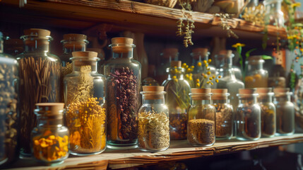 Close-up shots of jars brimming with dried herbs, roots, and botanical extracts in a traditional apothecary setting, highlighting the herbalist's expertise in natural healing practices.