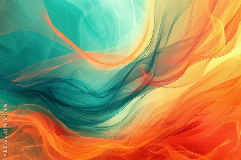 Poster flowing waves of teal and orange hues intertwine in this abstract digital art piece, creating a sens