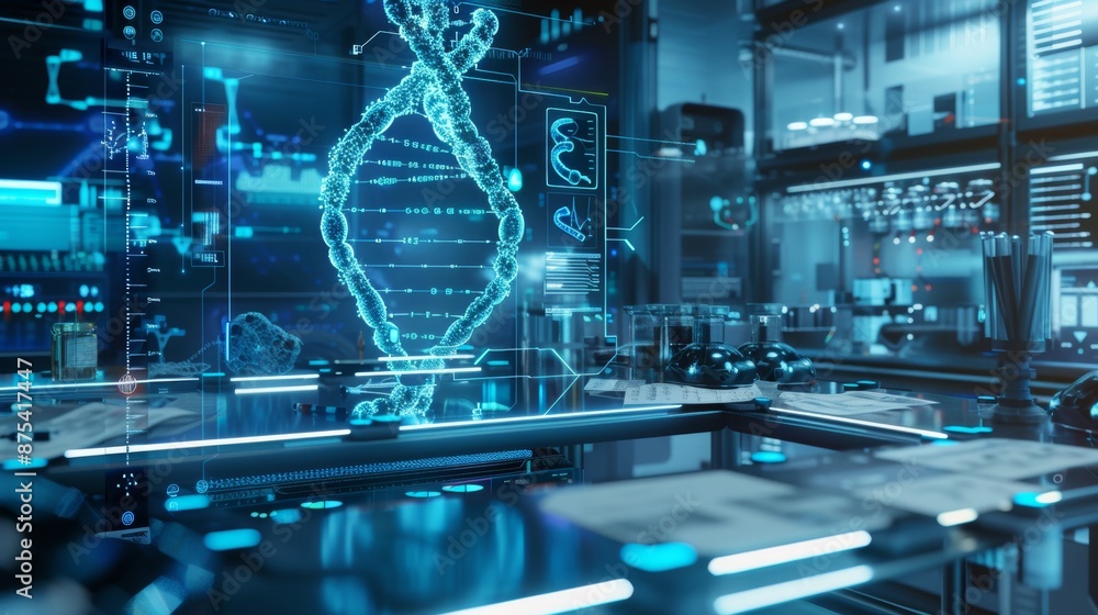 Poster futuristic lab with dna data storage technology and holographic data interface