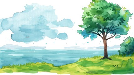 Watercolor landscape with a tree and a serene ocean background.