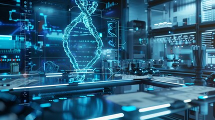 Futuristic Lab with DNA Data Storage Technology and Holographic Data Interface