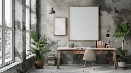 Stylish home office room interior with desk and books. Mockup frames