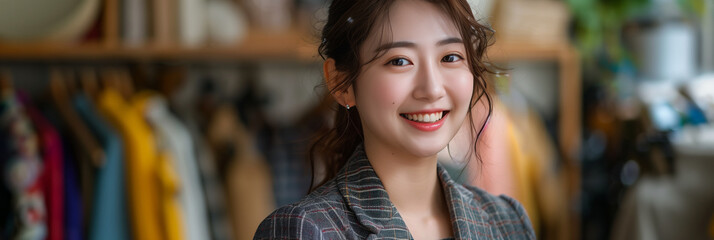 Fototapeta premium Asian female tailor smiling with confidence in fashion tailor shop.