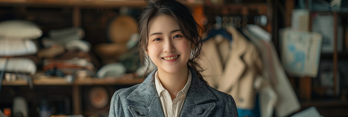 Fototapeta premium Asian female tailor smiling with confidence in fashion tailor shop.