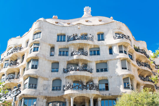 Facade of Casa Mil&agrave;, Barcelona in Spain