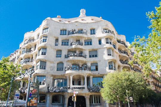 Facade of Casa Mil&agrave;, Barcelona in Spain