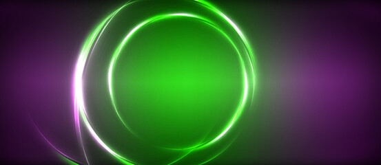 Neon glowing circle rays, light round lines in the dark, planet style neon wave lines. Energetic electric concept design for wallpaper, banner, background