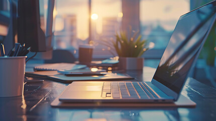 Digital marketing media on a virtual screen, with a businesswoman using a mobile phone and a modern computer, featuring a VR icon diagram, in an office setting during the morning light.