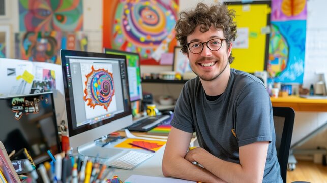 A crisp photo of a graphic designer smiling in their studio with computer screens and art supplies
