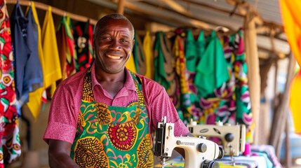 Obraz premium A stunning photo of a tailor smiling in their workshop with fabrics and sewing machines