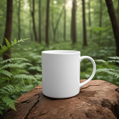 Green eco mug mockup in natural background with green leaves.