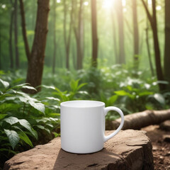Green eco mug mockup in natural background with green leaves.