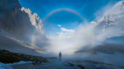Gloria phenomenon in the mountains, a rainbow halo that appears around a person's shadow in the mountain fog, Ai generated Images