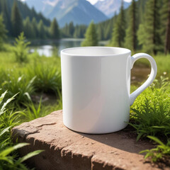 Obraz premium Green eco mug mockup in natural background with green leaves.