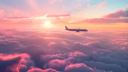 Serene Airplane Flight at Sunrise Above the Clouds