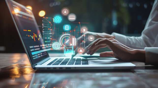 Digital marketing media on a virtual screen, with a business professional using a digital tablet, smartphone, keyboard, and laptop in an office setting during the morning light.