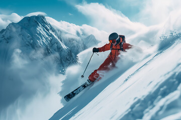 Young man skiing down a snowy mountain.