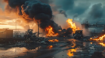 A controlled industrial fire with thick smoke billowing from burning debris.