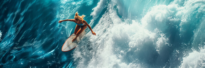Fototapeta premium Woman riding a surfboard in the sea.