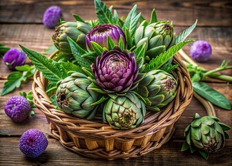 Freshly harvested artichokes with vibrant green leaves and delicate purple thistle centers arranged in a rustic wicker basket on a natural wood table setting.