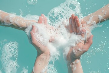 Hands in soapy bubbles on blue backdrop