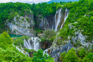 Detailed view of the beautiful waterfalls in Plitvice National Park, Croatia. A UNESCO natural world heritage and famous travel destination of Croatia.