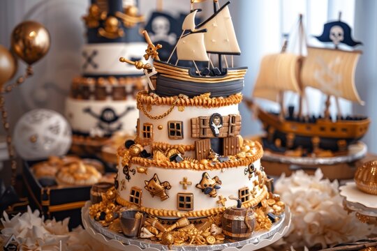Pirate Themed Birthday Cake with Ship and Treasure Chest Decorations - Perfect for Party Celebrations