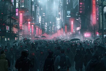 Large group in futuristic city