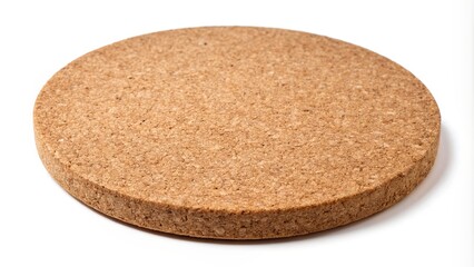 Close-up of a single, round, natural cork coaster, isolated on a transparent background, showcasing its textured surface and earthy tones in high detail.