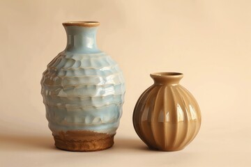 Pair of vases on beige background Medium sky blue vase with brown grooves and small beige vase