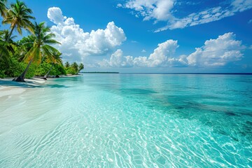 Perfect honeymoon destination on coral reef island with crystal clear turquoise water lagoon