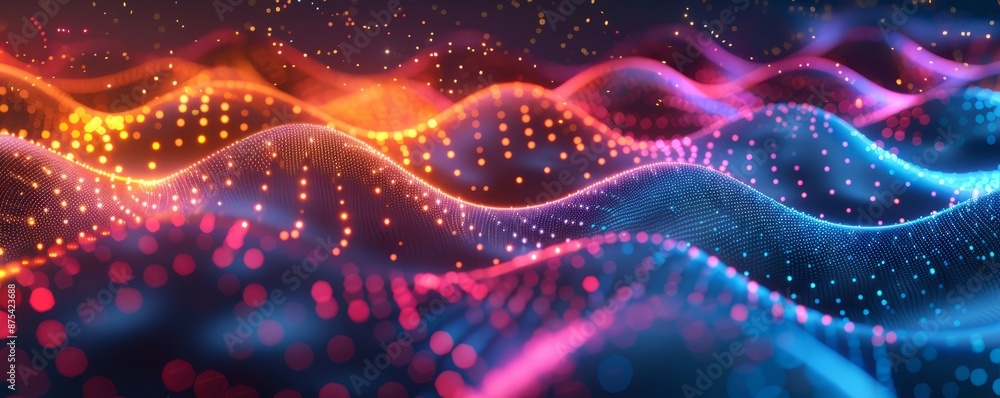 Poster neon dots forming wave patterns on a dark background