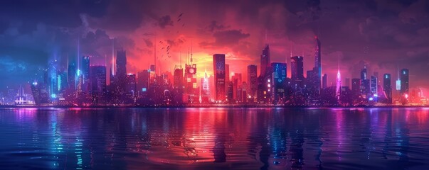 Fototapeta premium A futuristic city skyline with neon lights. Realistic.