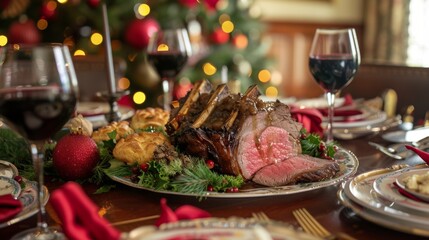 A festive holiday dinner table with a centerpiece of roasted prime rib steak served with gravy and Yorkshire pudding.